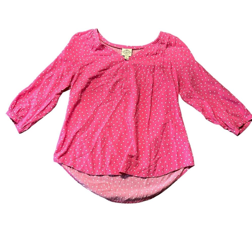St Johns Bay Womens Blouse S Pink White Polka Dot 3/4 Sleeve V Neck Rayon